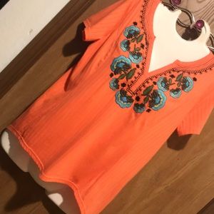 Tangerine Color Vibrant Blue Embroidery M Top